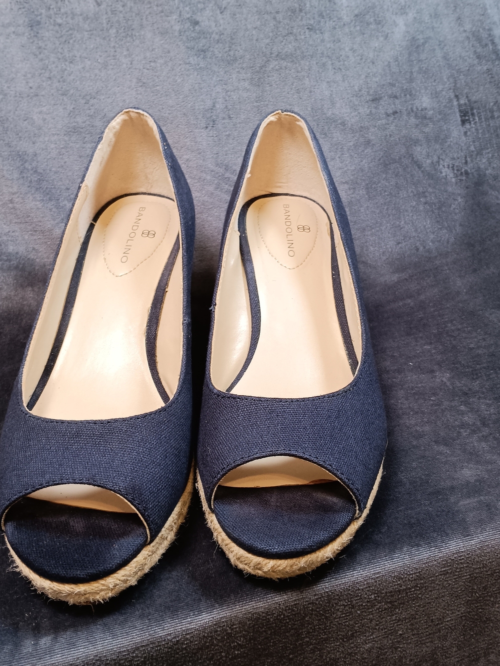Bandolino Navy Canvas Peep-Toe Espadrille Wedges